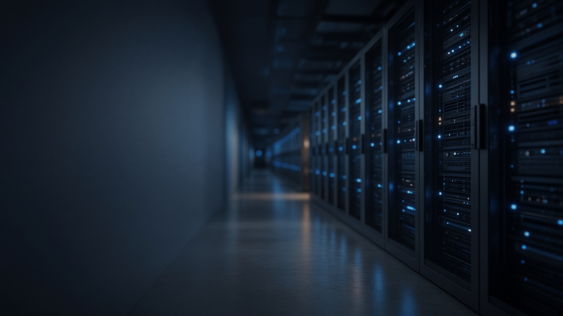 Long aisle of server racks with blue lights in a data center