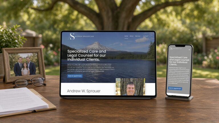 Andrew Sprauer Law website on tablet and phone on a wooden table in a sunlit backyard beside documents and a family photo