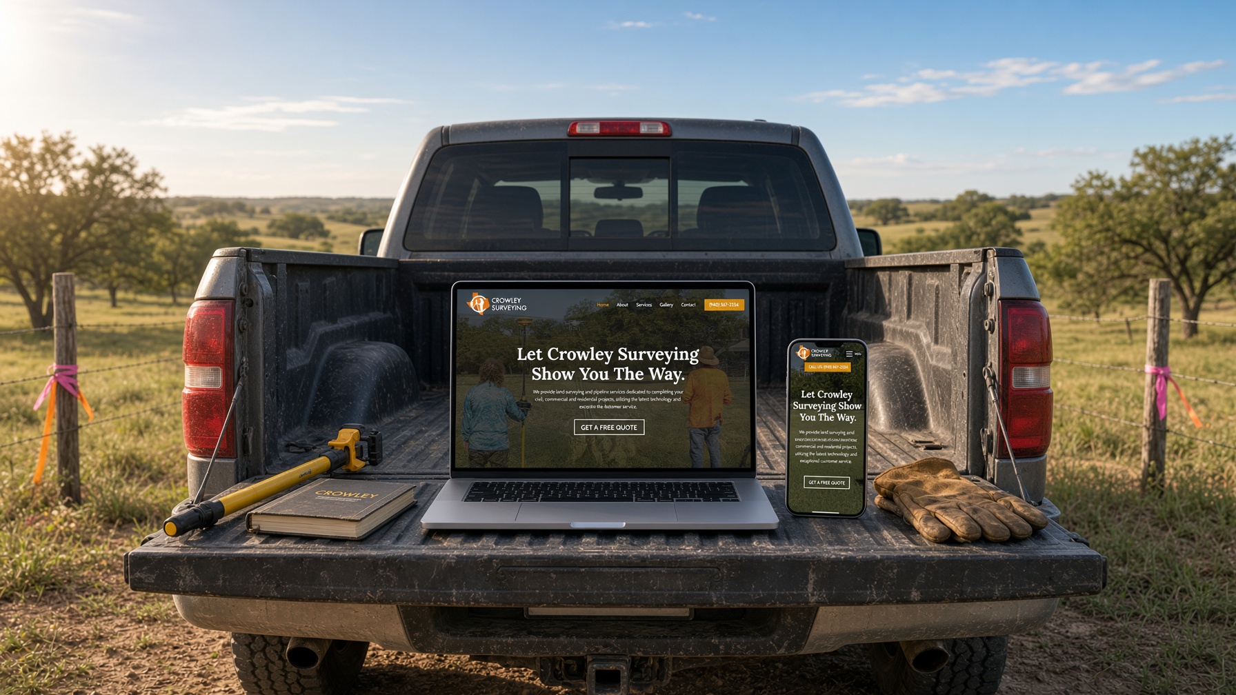 Crowley Surveying website on laptop and phone on a pickup tailgate in Texas ranch country