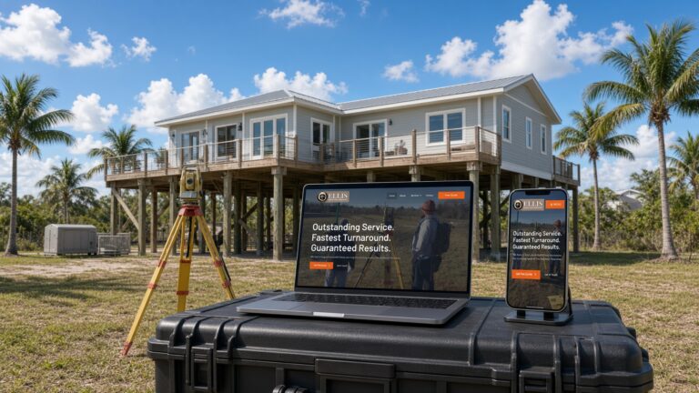 Ellis Surveying Services website on laptop and phone beside a total station in front of a raised Gulf Coast home with palm trees