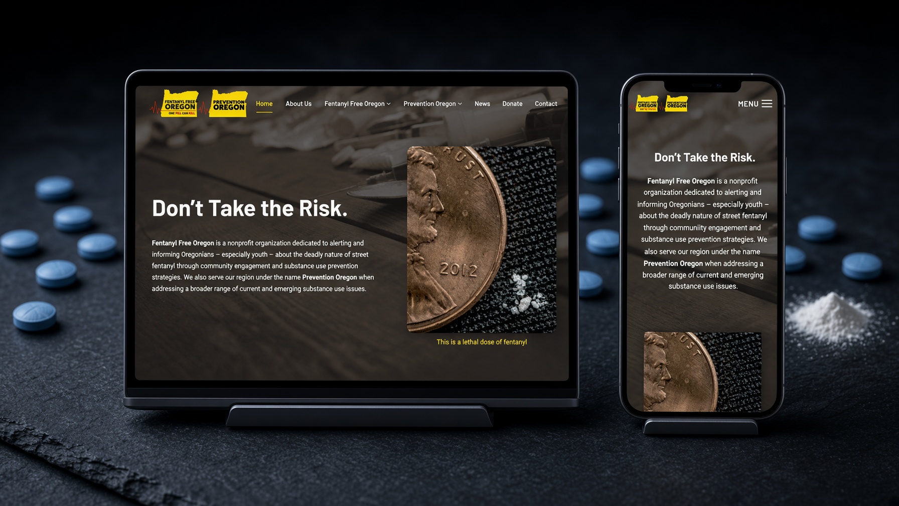 Fentanyl-Free Oregon website on laptop and phone against a dark slate background with scattered counterfeit pills