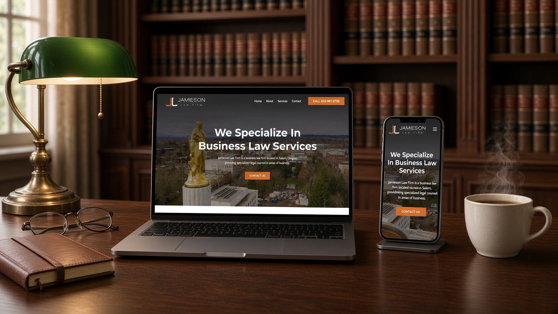 Jamieson Law Firm website on laptop and phone on a wood desk with a banker's lamp in front of law books