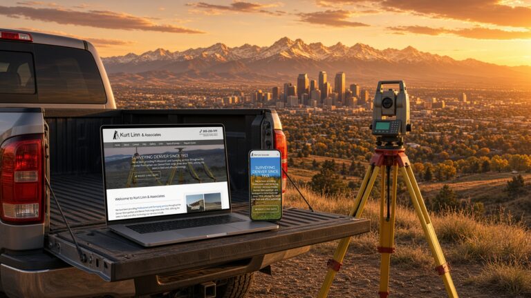 Kurt Linn Surveying website on laptop and phone on a truck tailgate beside a total station overlooking Denver and the Rocky Mountains at golden hour