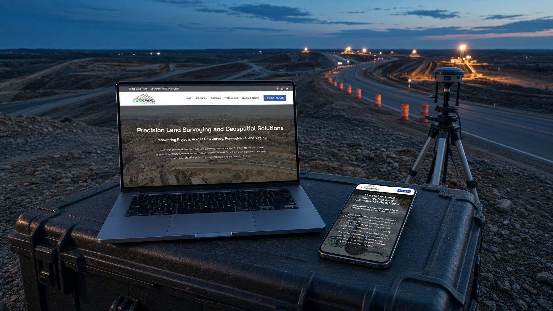 Land-Tech Services website on laptop and phone beside a GNSS base station at a road construction site at blue hour