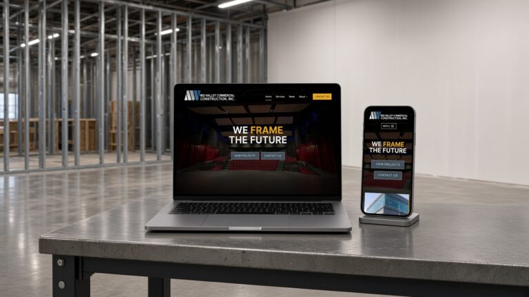 Mid-Valley Commercial Construction website on laptop and phone in a commercial interior with metal stud framing and finished drywall