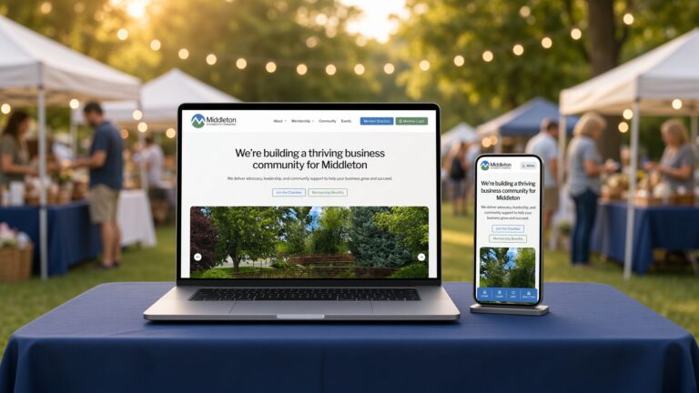 Middleton Chamber of Commerce website on laptop and phone at an outdoor community fair booth