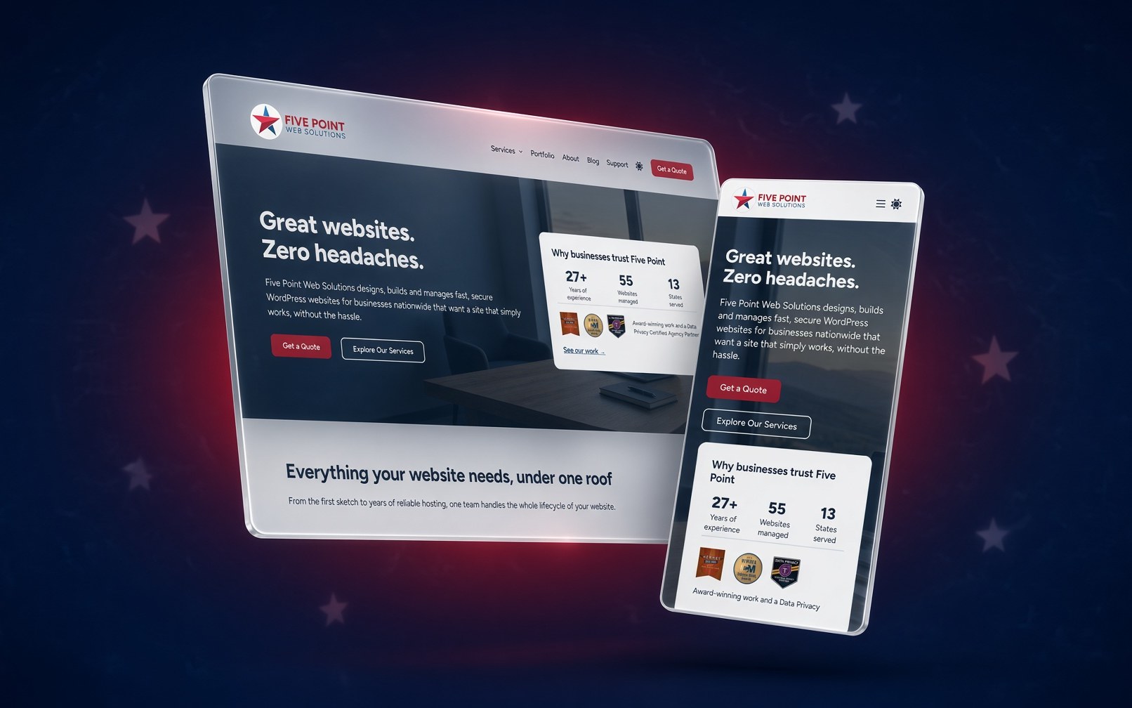 The new Five Point Web Solutions website shown on desktop and mobile screens