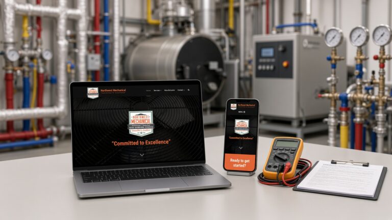 Northwest Mechanical website on laptop and phone on a workbench in a commercial mechanical room with color-coded piping and gauges