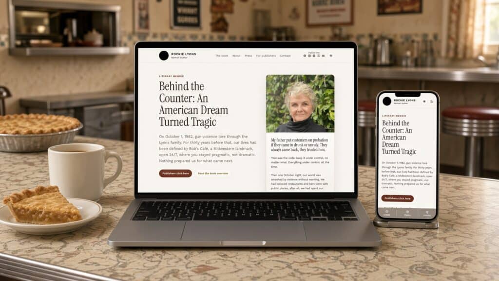 Rockie Lyons author website on laptop and phone on a vintage diner counter beside coffee and pie