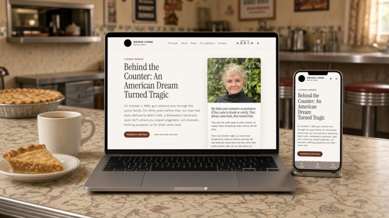 Rockie Lyons author website on laptop and phone on a vintage diner counter beside coffee and pie
