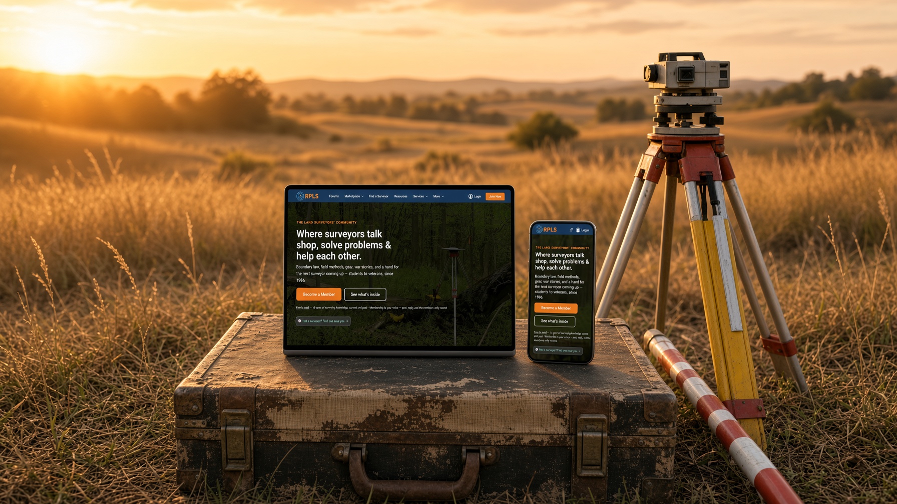 RPLS.com website on laptop and phone beside a survey tripod at golden hour