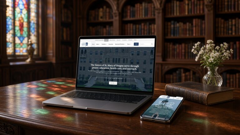 Sisters of St. Mary of Oregon website on laptop and phone on a library table lit by stained-glass window light