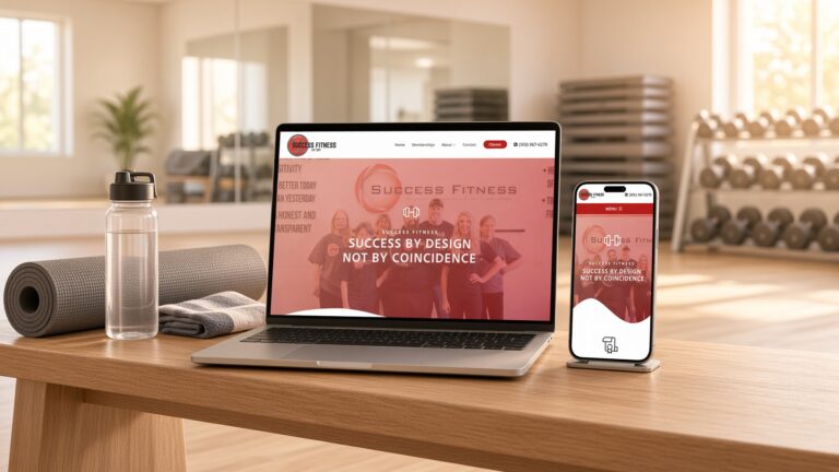 Success Fitness website on laptop and phone on a bench in a bright fitness studio with a yoga mat and water bottle