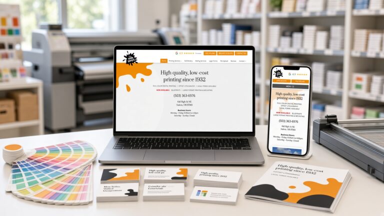 The Ink Spot website on laptop and phone on a print shop counter with color swatches, business cards and brochures