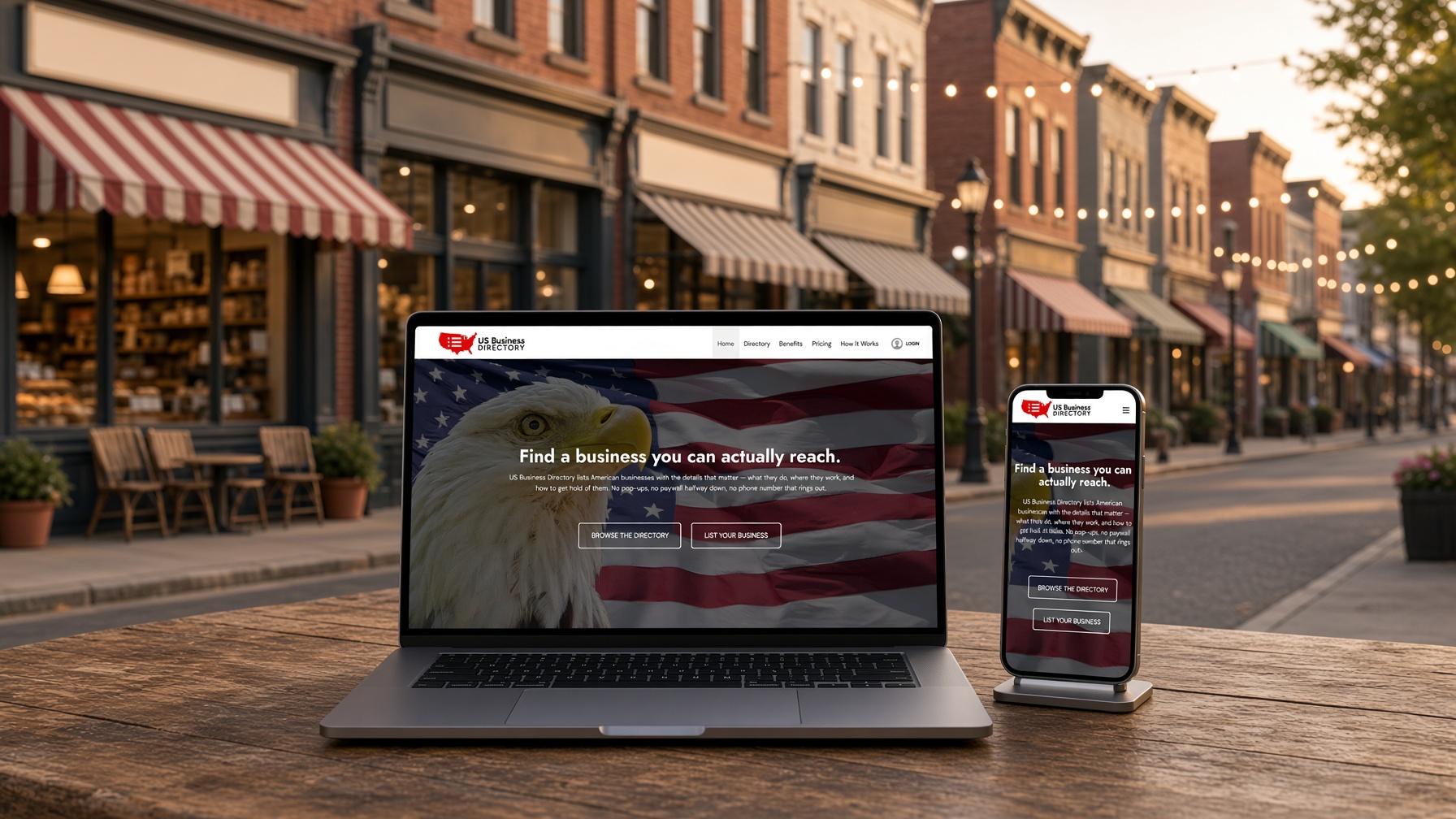 US Business Directory website on laptop and phone at a café table on a small-town main street at golden hour
