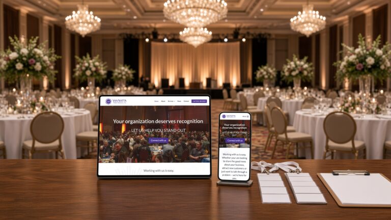 VanNatta Public Relations website on tablet and phone at a check-in table in a ballroom set for a gala