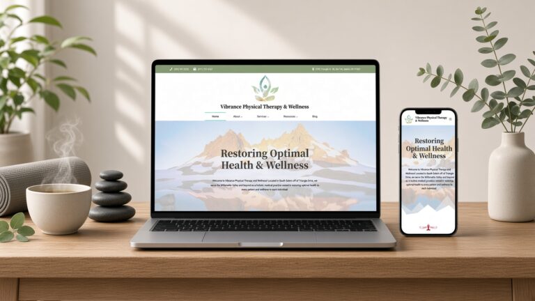 Vibrance Physical Therapy website on laptop and phone on a wooden console with herbal tea, river stones and eucalyptus