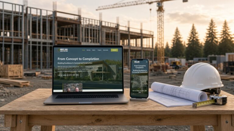 White Oak Construction website on laptop and phone on a plan table in front of a steel-framed commercial building under construction