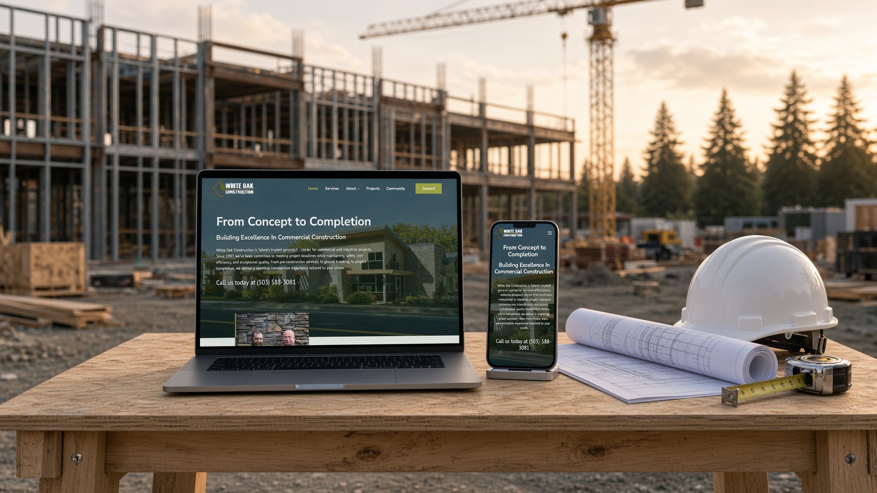 White Oak Construction website on laptop and phone on a plan table in front of a steel-framed commercial building under construction