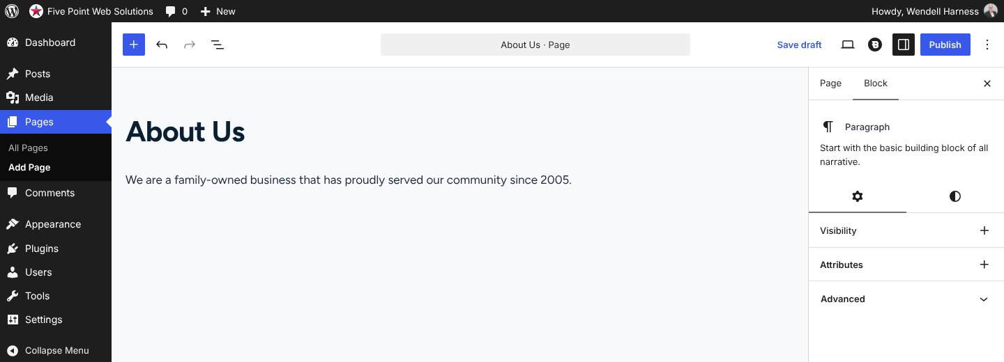 A new page in the WordPress block editor with a title and first paragraph