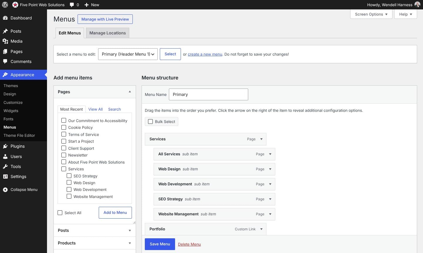 The WordPress Menus screen with the Pages list and menu structure