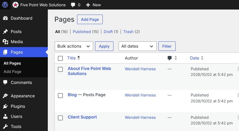 The WordPress Pages screen with the Add Page button