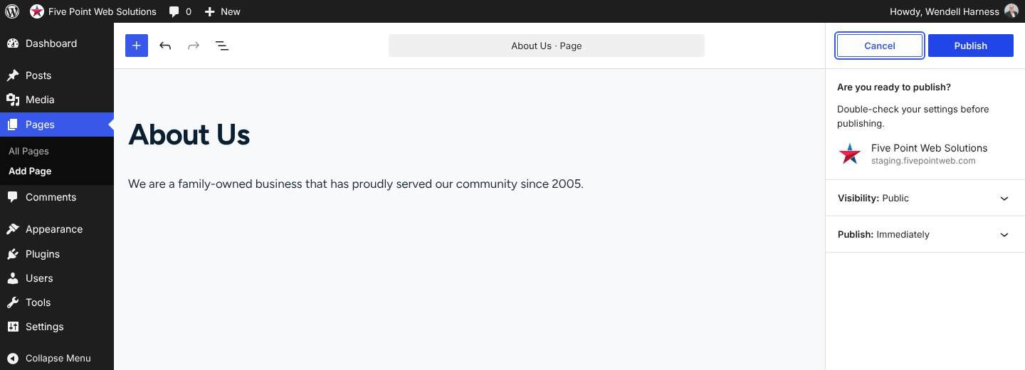 The WordPress pre-publish panel with Publish and Cancel buttons