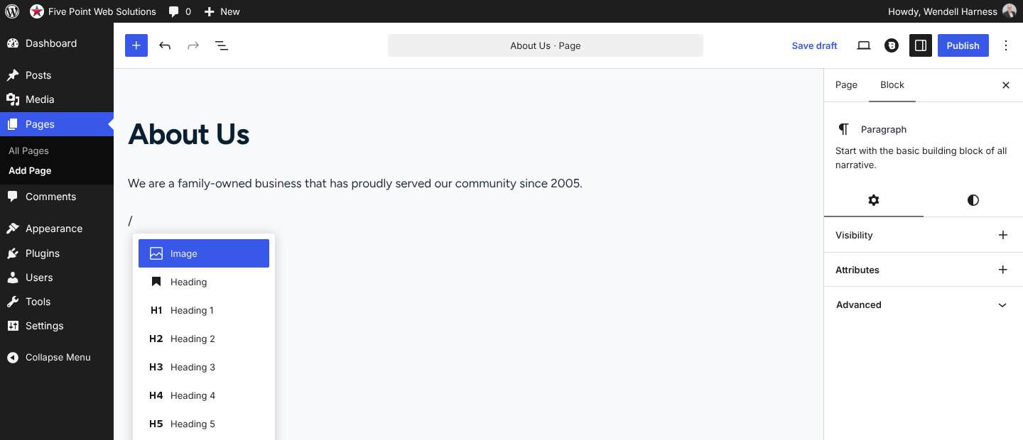 Typing a slash in the WordPress editor to choose a block