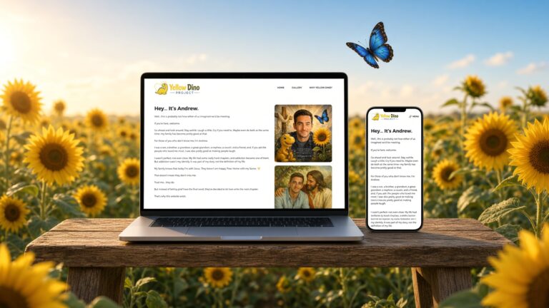 Yellow Dino Project website on a laptop and phone resting on a wooden bench in a sunflower field with a blue butterfly